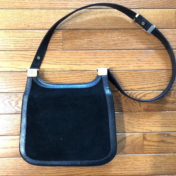 VTG Coblentz Convertible Black Suede Tri-Fold Handbag Shoulder Bag Gold Hardware - Picture 3 of 11